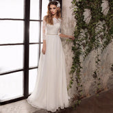 Wedding Dresses Three Quarter Sleeves Top Lace Chiffon Gowns with Beading Sashes