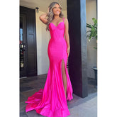 Hot Pink Corset Lace-Up Mermaid Long Formal Dress with Slit