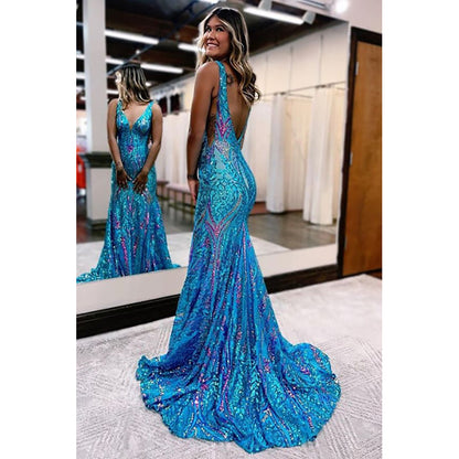 Blue Sequin Lace V Neck Mermaid Long Prom Dresses