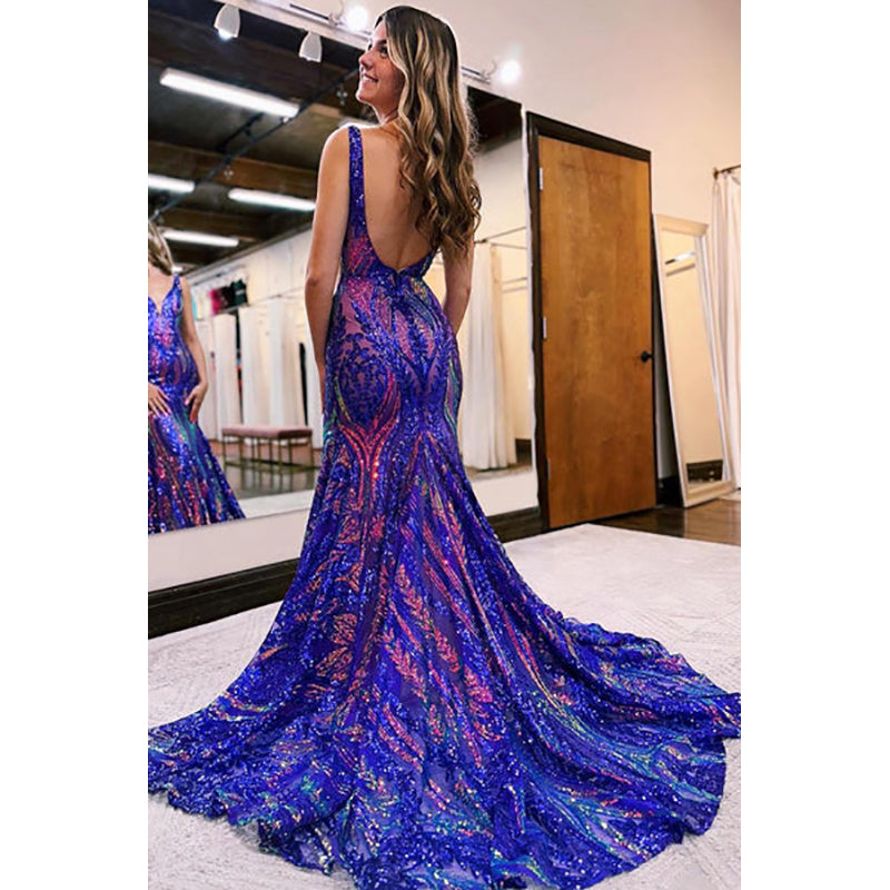 Blue Sequin Lace V Neck Mermaid Long Prom Dresses