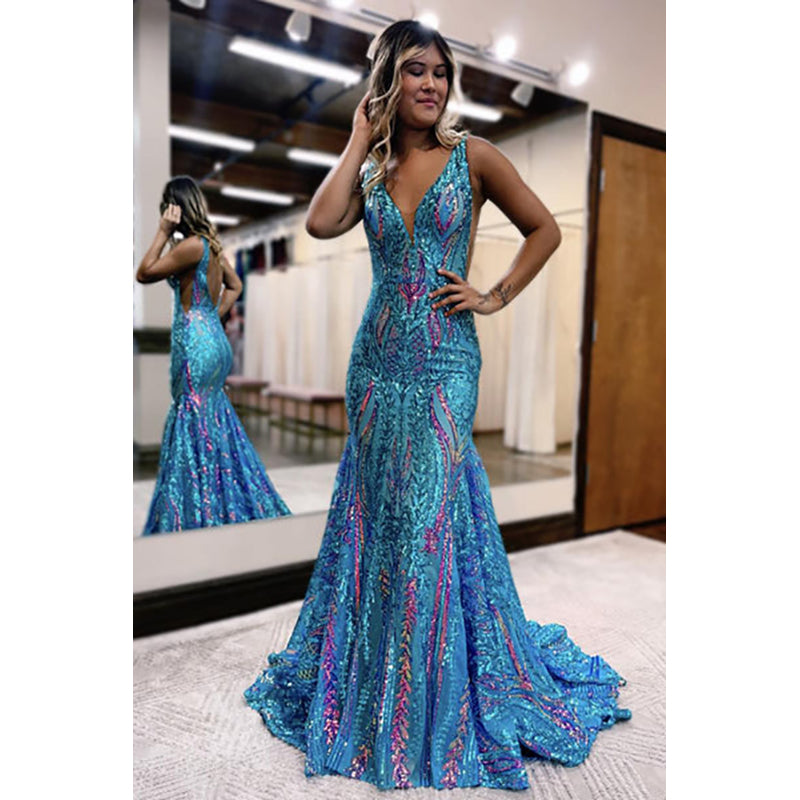 Blue Sequin Lace V Neck Mermaid Long Prom Dresses