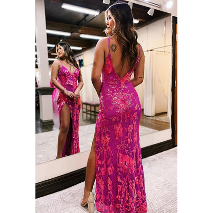 Fuchsia Sequins Lace V Neck Mermaid Long Prom Dress