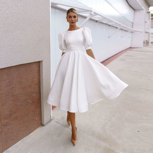 Short Puff Sleeves Satin Wedding Dresses O Neck Simple Plain Bride Gowns A Line Bridal Dress