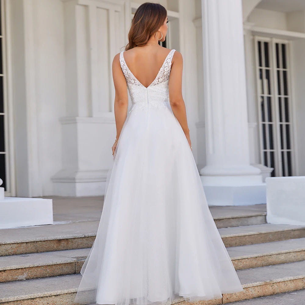 Wedding Dress Deep V Neck Sleeveless Appliques Soft Tulle A Line Bridal Dresses