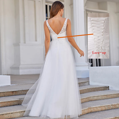 Wedding Dress Deep V Neck Sleeveless Appliques Soft Tulle A Line Bridal Dresses