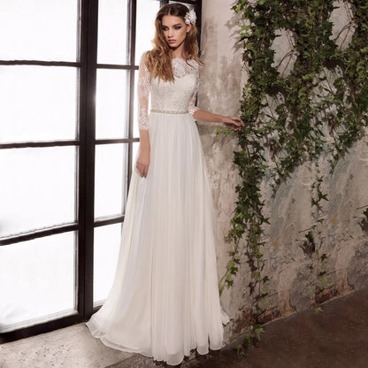 Wedding Dresses Three Quarter Sleeves Top Lace Chiffon  Gowns with Beading Sashes