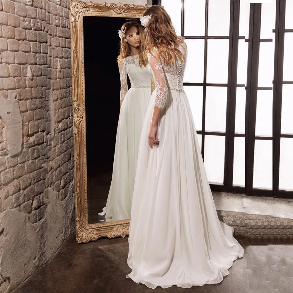 Wedding Dresses Three Quarter Sleeves Top Lace Chiffon  Gowns with Beading Sashes