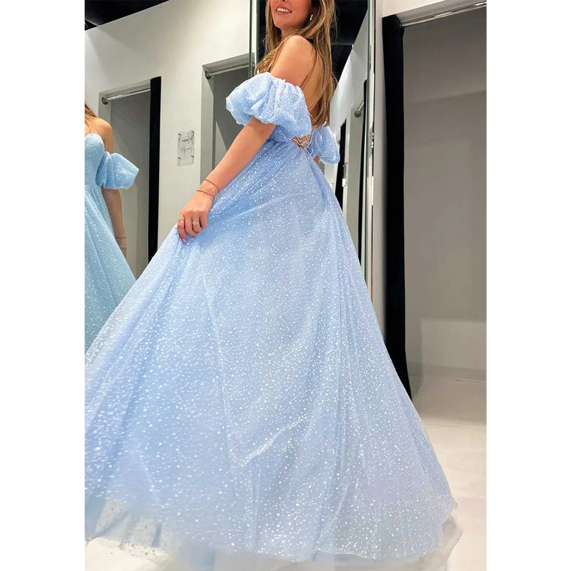 A-line Sweetheart Puff Sleeves with Side Slit Party Prom Evening Dress