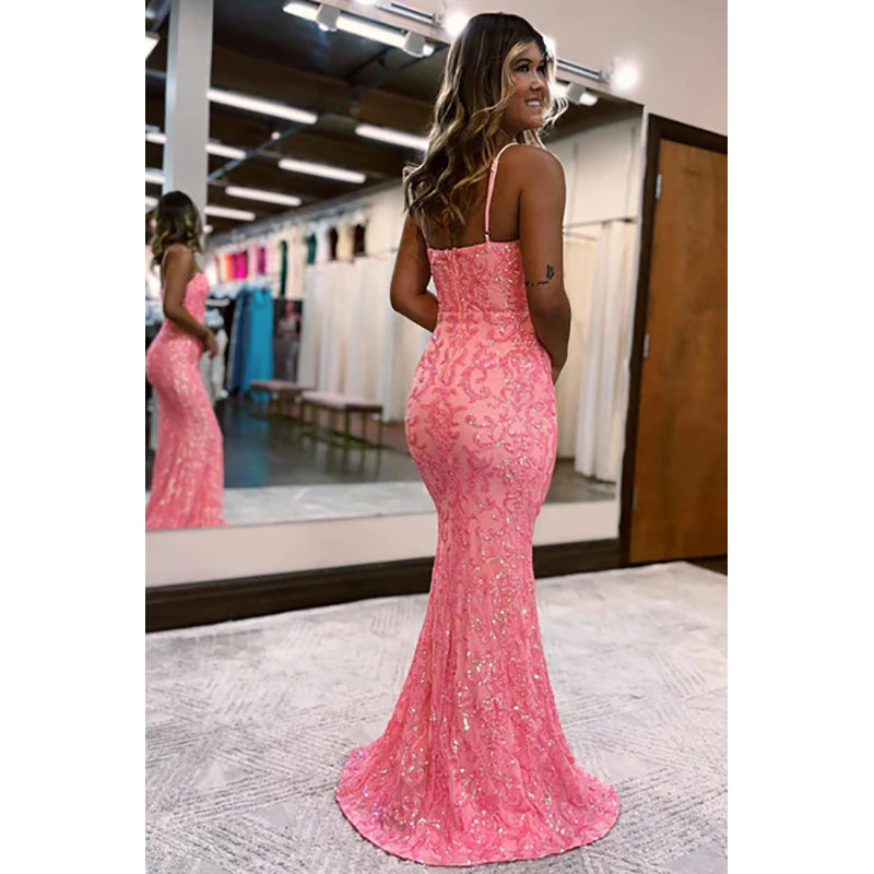 Blush Spaghetti Straps Sequins Mermaid Prom Dress