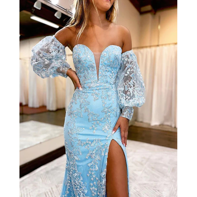 Charming Mermaid Sweetheart ligth Blue Sparkly Lace Long Prom Dresses with Sleeves