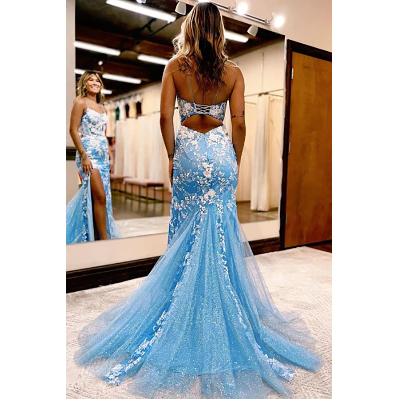 Blue Open Back Mermaid Lace Prom Dress with Slit