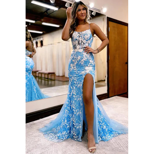 Blue Open Back Mermaid Lace Prom Dress with Slit