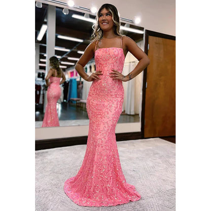 Blush Spaghetti Straps Sequins Mermaid Prom Dress