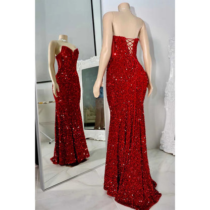 Sexy Trumpet Strapless Fully Sequined Party Prom Evening Dress for Black Women