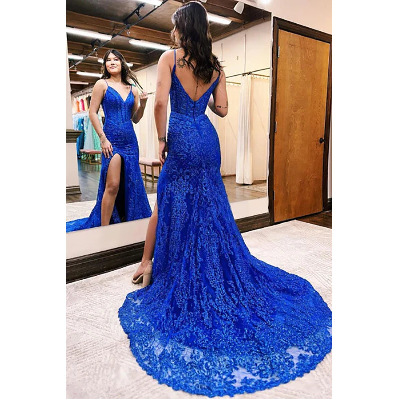 Elegant Long Mermaid Royal Blue V-neck Sleeveless Lace Prom Dress With Slit