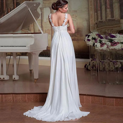 Beach Wedding Dresses Spaghetti Strap Sleeveless Pleats Beading Bride  Princess Long  Gowns