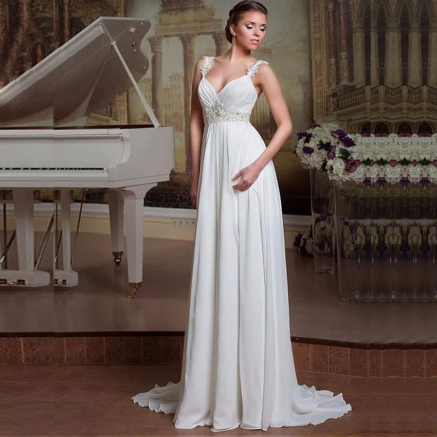 Beach Wedding Dresses Spaghetti Strap Sleeveless Pleats Beading Bride  Princess Long  Gowns