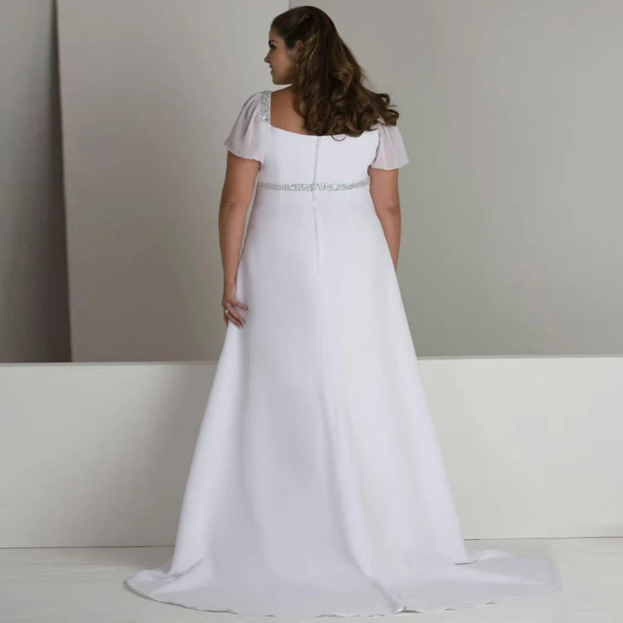 Square Neck Plus Size Wedding Dress Short Sleeves Beading Sequins Chiffon Beach Bridal Gown