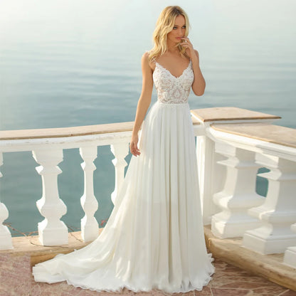 Beach Wedding Dress for Women A-Line V-neck Lace Appliques Open Back Bridal Gown