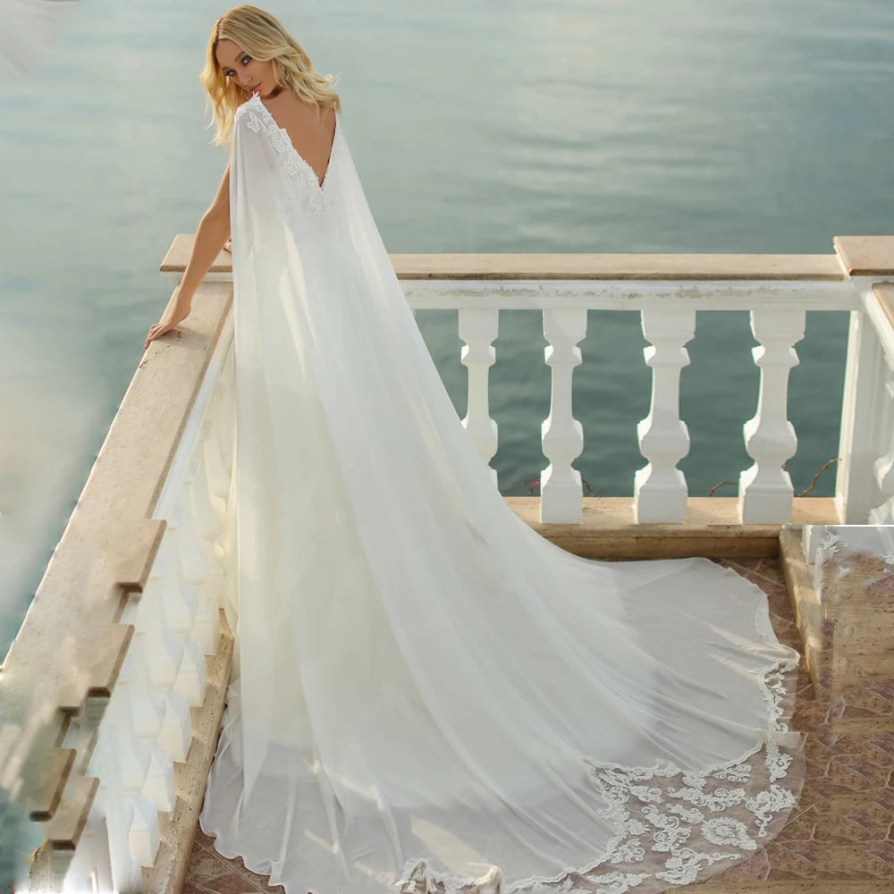 Beach Wedding Dress for Women A-Line V-neck Lace Appliques Open Back Bridal Gown