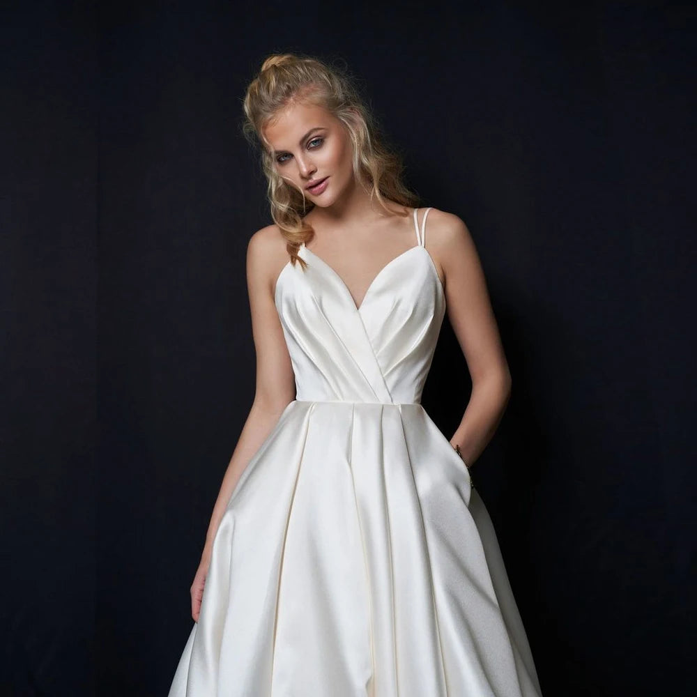 Sexy Straps Ruched Pleats A Line Simple Bridal Gowns