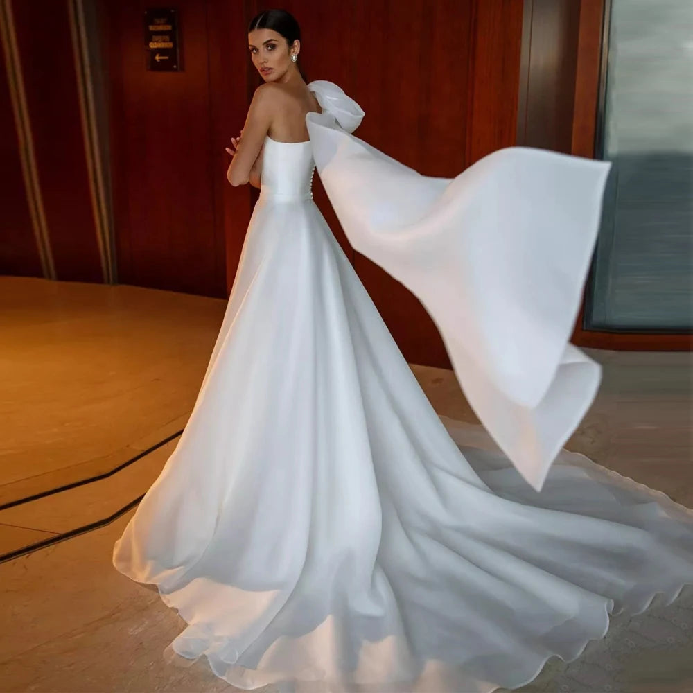 One Shoulder Big Bow Ruched Long Train Custom Bridal Dresses