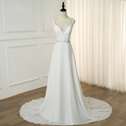 Beach Wedding Dress Double V-neck Sleeveless Beading Applique A-line Chiffon  Gowns Robe