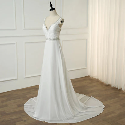 Beach Wedding Dress Double V-neck Sleeveless Beading Applique A-line Chiffon  Gowns Robe