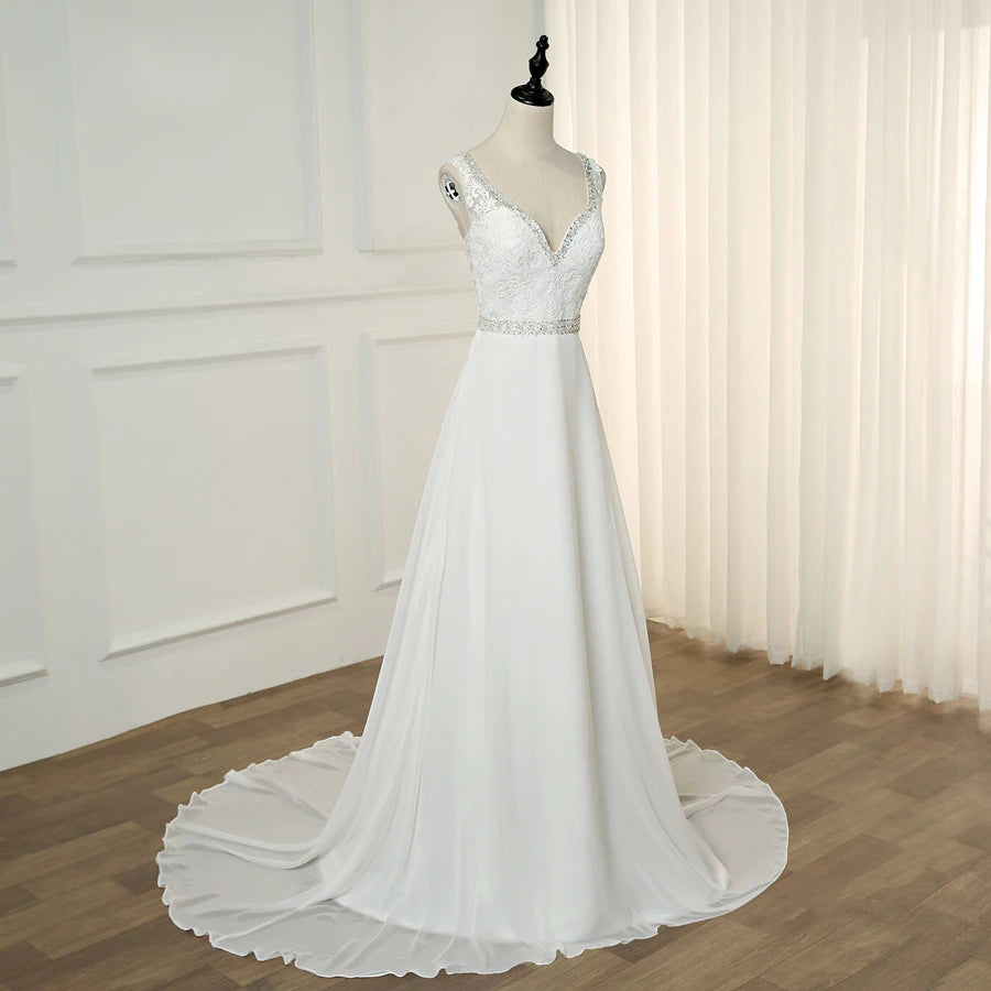 Beach Wedding Dress Double V-neck Sleeveless Beading Applique A-line Chiffon  Gowns Robe