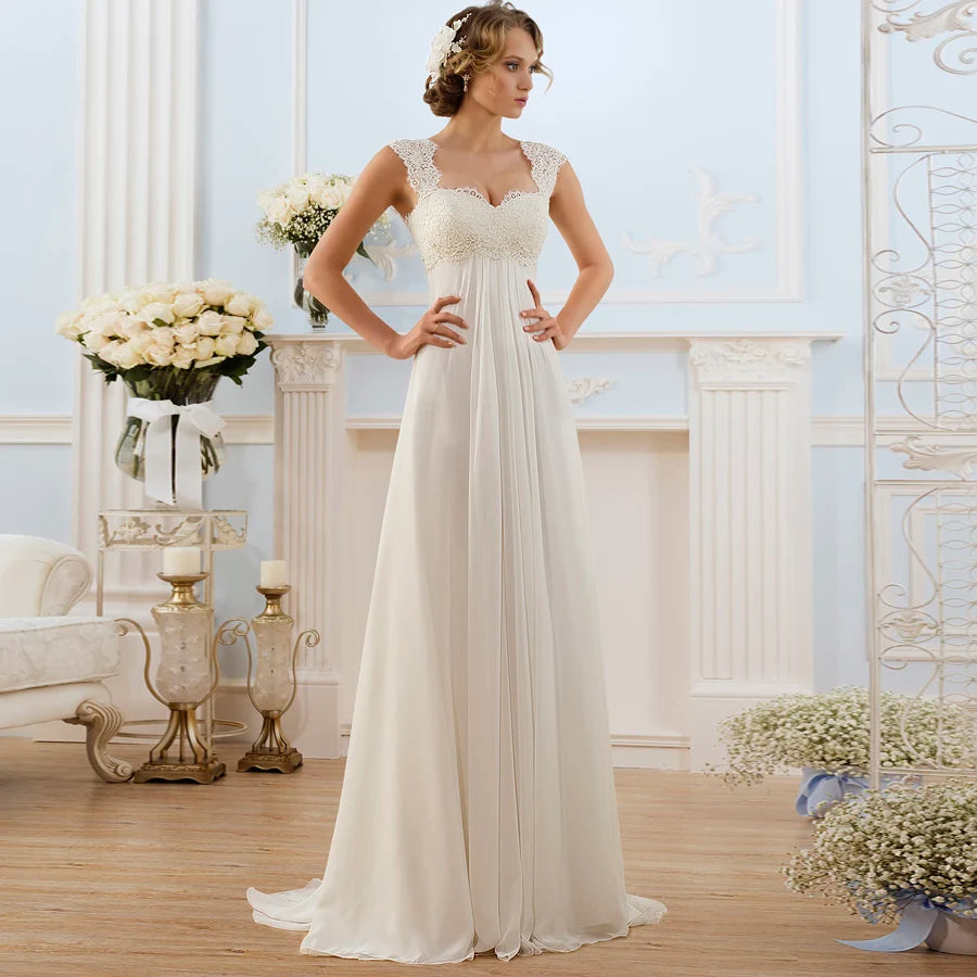 Beach Wedding Dresses Plus Size Cap Sleeve Applique Chiffon Bridal  Gown