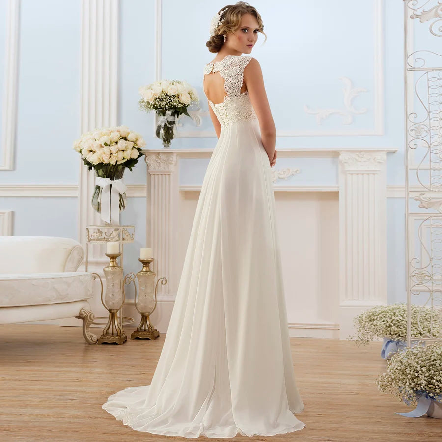 Beach Wedding Dresses Plus Size Cap Sleeve Applique Chiffon Bridal  Gown