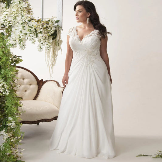 Wedding Dresses Cap Sleeve V-neck Lace Applique Chiffon Beach Dress