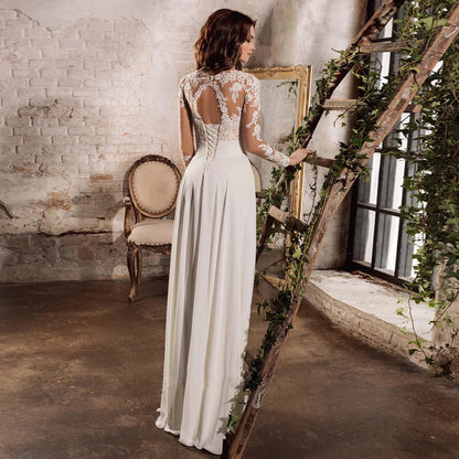 Illusion Wedding Dresses Long Sleeves V-neck Side Split Chiffon