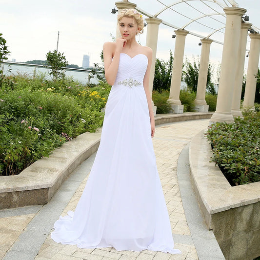 Beach Wedding Dress Pleats Crystal Belt Chiffon  Dresses