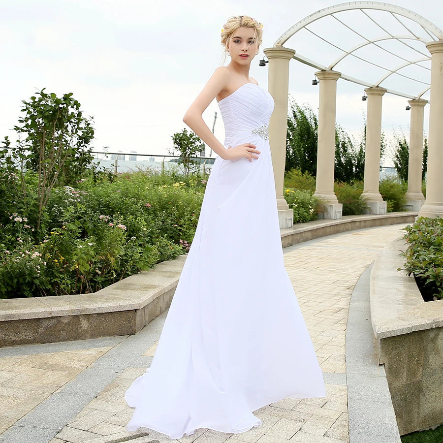 Beach Wedding Dress Pleats Crystal Belt Chiffon  Dresses