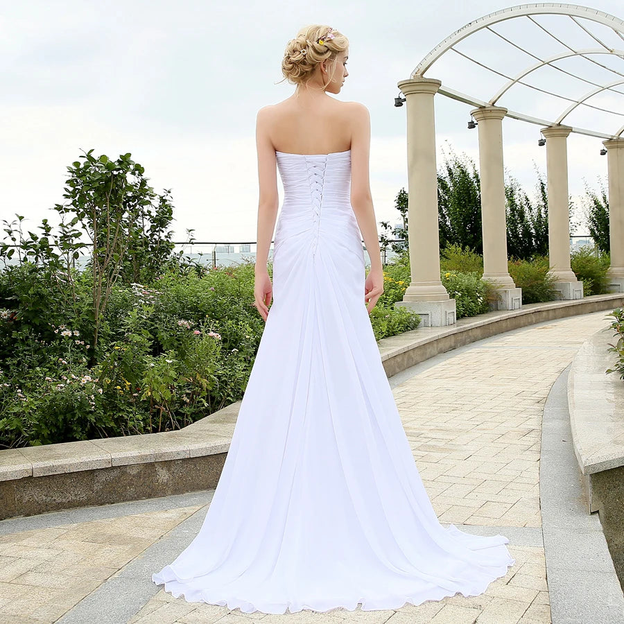 Beach Wedding Dress Pleats Crystal Belt Chiffon  Dresses