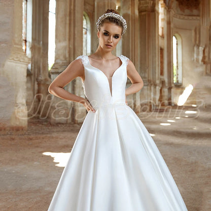 Satin Wedding Dress New Arrival Cap Sleeve V Neck Beading Belt Back A Line Bridal Dresses