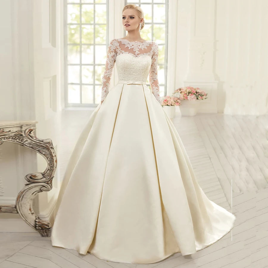 Satin Wedding Dresses with Pockets O-neck Long Sleeves Arabic Lace  Dress Robe