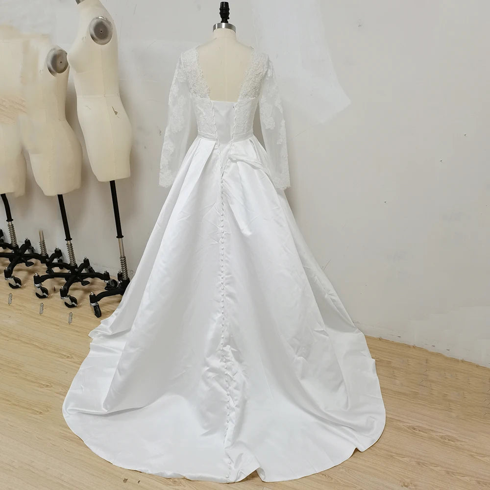 Satin Wedding Dresses with Pockets O-neck Long Sleeves Arabic Lace  Dress Robe