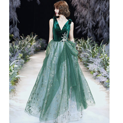 Autumn Winter Temperament Sexy Green Evening Dress for Women