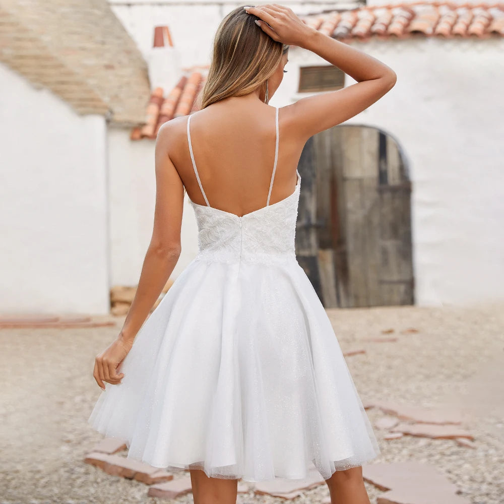 Wedding Dress A Line Spaghetti Straps V Neck Applique Glitter Tulle Short Bridal Gown Backless  Dresses for Bride