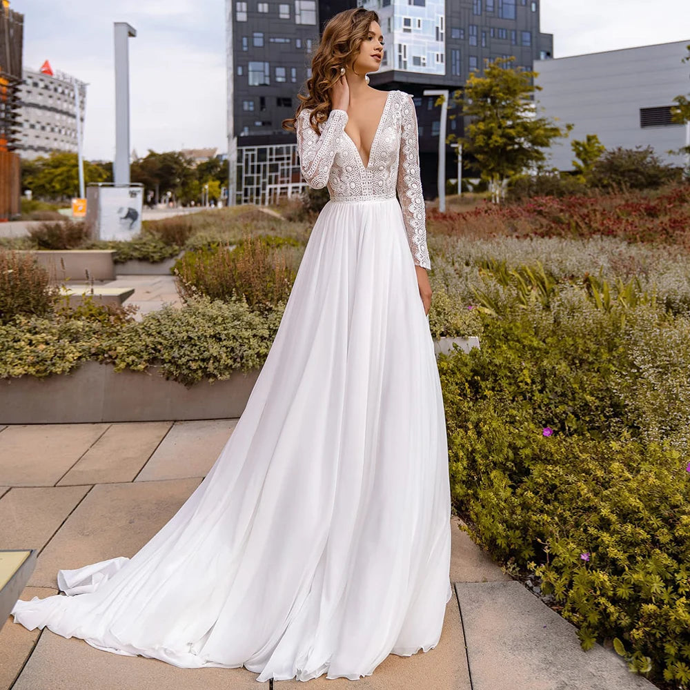 Sexy Chiffon Wedding Dresses Deep V Neck Long Sleeves Bohemian Ceremonial Dress