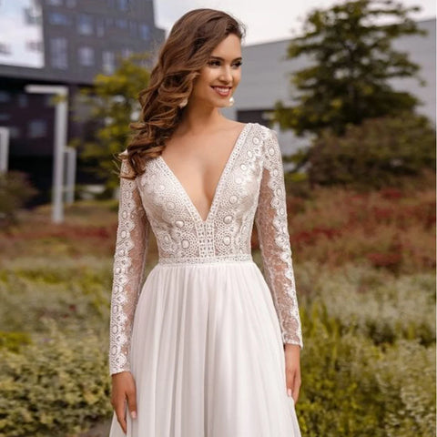 Sexy Chiffon Wedding Dresses Deep V Neck Long Sleeves Bohemian Ceremonial Dress