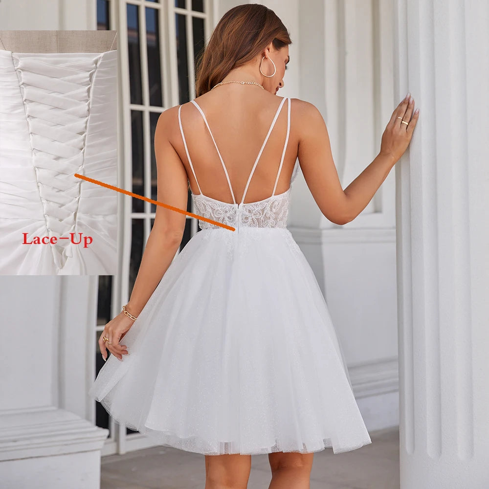 Sexy Short Wedding Dress Straps Beading Applique Mini Glitter Tulle Women Bridal