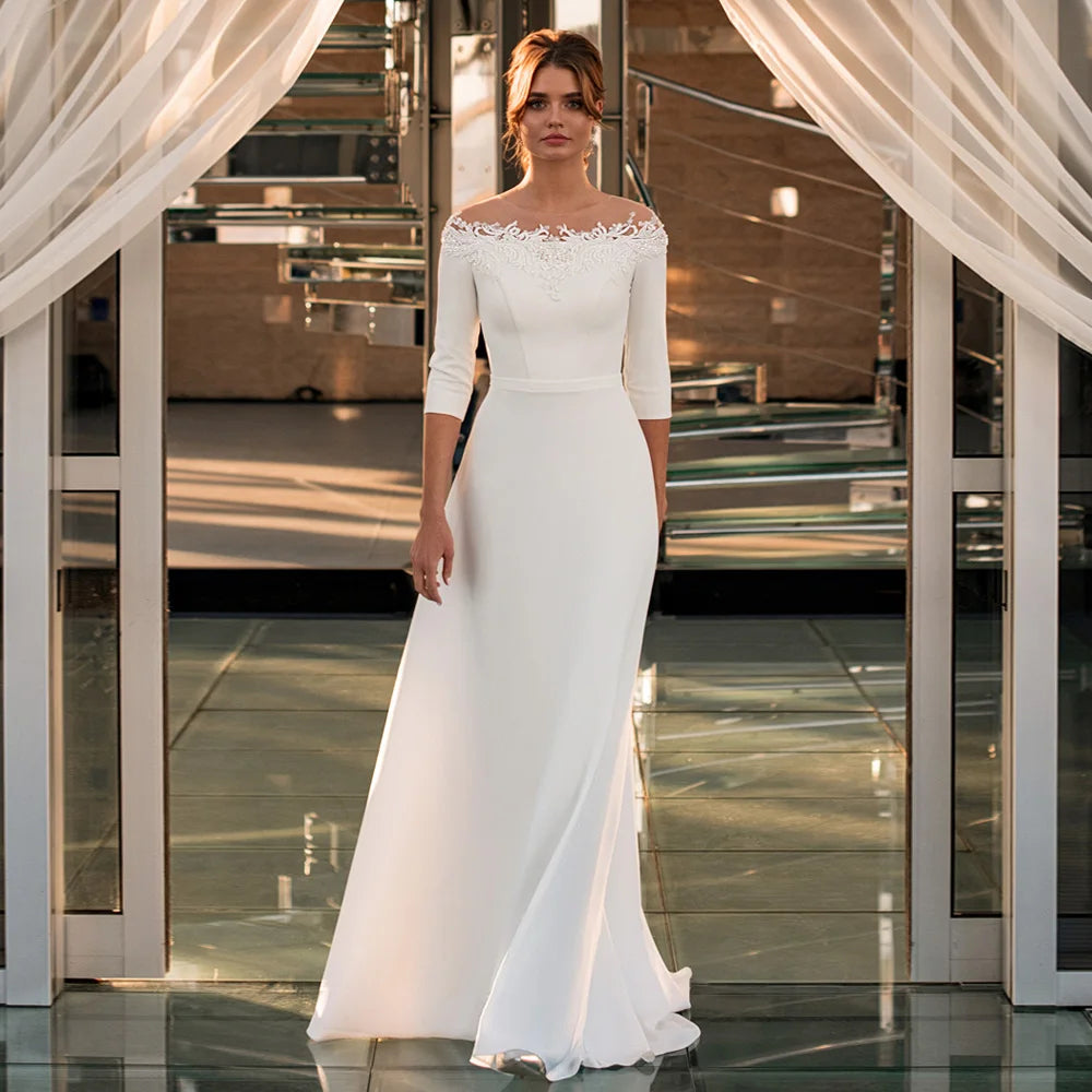 Wedding Dress Elegant New Arrival Boat Neck 3/4 Sleeves Beading Appliques A Line Jersey Bridal Gown Robe