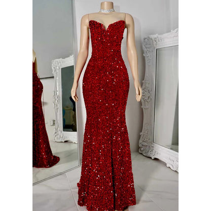 Sexy Trumpet Strapless Fully Sequined Party Prom Evening Dress for Black Women