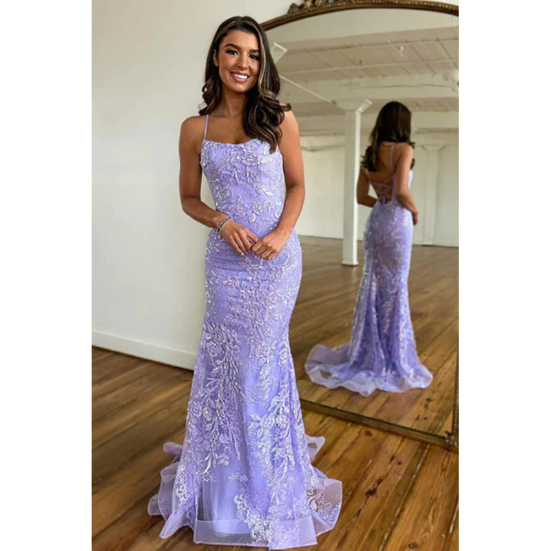 Mermaid Scoop Neck Lilac Sequin Lace Long Prom Dresses