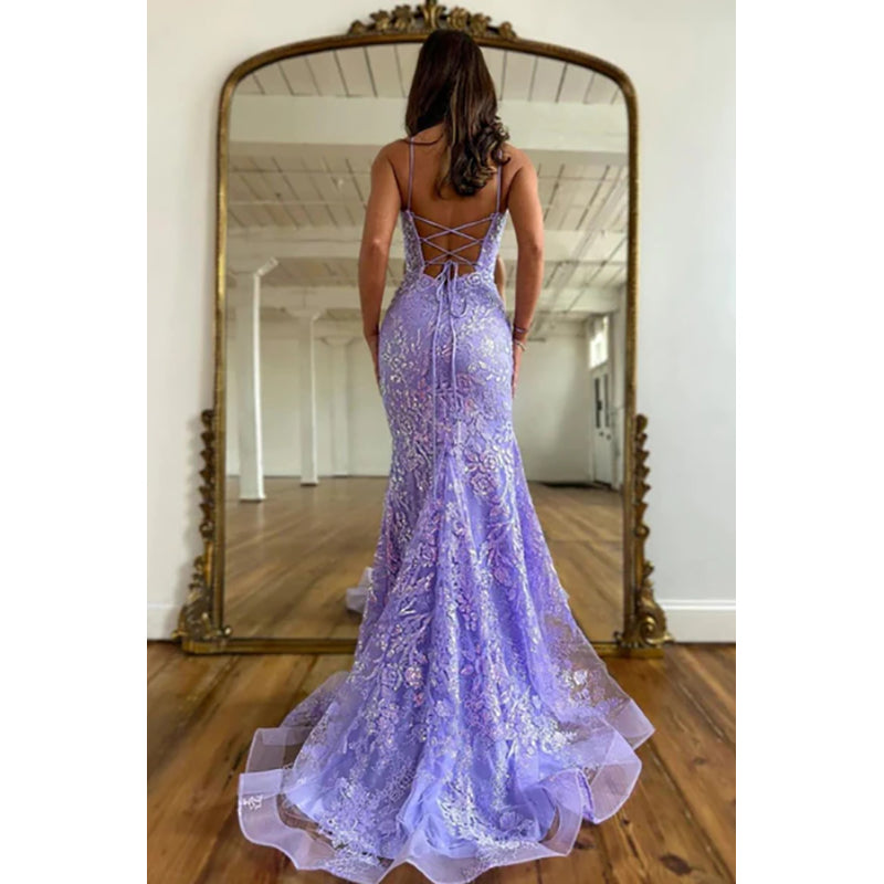 Mermaid Scoop Neck Lilac Sequin Lace Long Prom Dresses