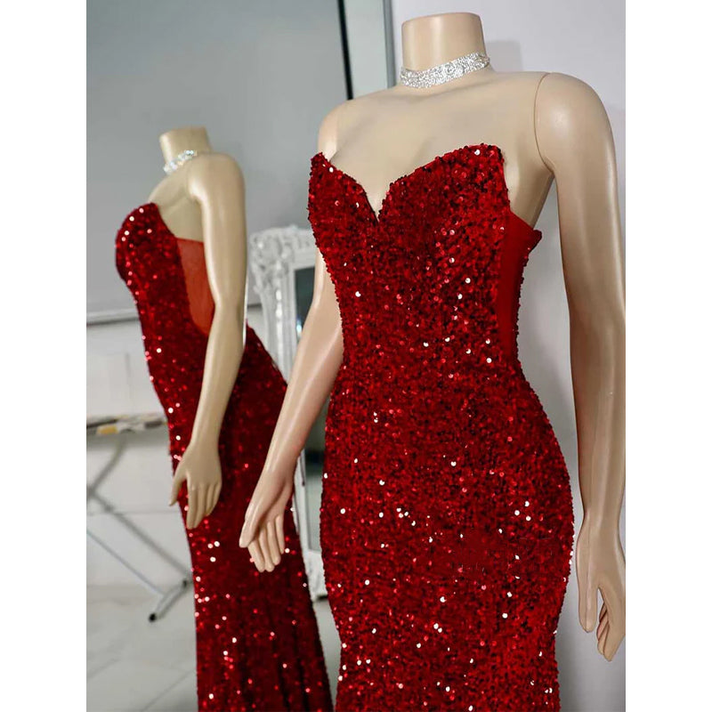 Sexy Trumpet Strapless Fully Sequined Party Prom Evening Dress for Black Women