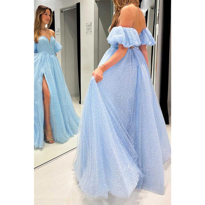 A-line Sweetheart Puff Sleeves with Side Slit Party Prom Evening Dress